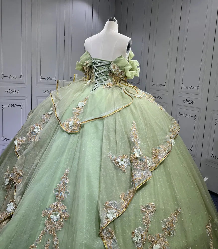 green and gold quince dress Ball Gown Organza Off-the-Shoulder Dark Green Quinceanera Dress Dark Green / 00