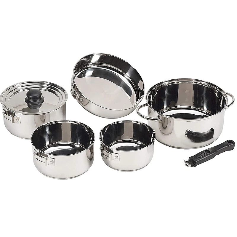 Stainless Steel Camping Cookware Set Convenient Detachable Handle Soup Pot Pan Outdoor Cookware