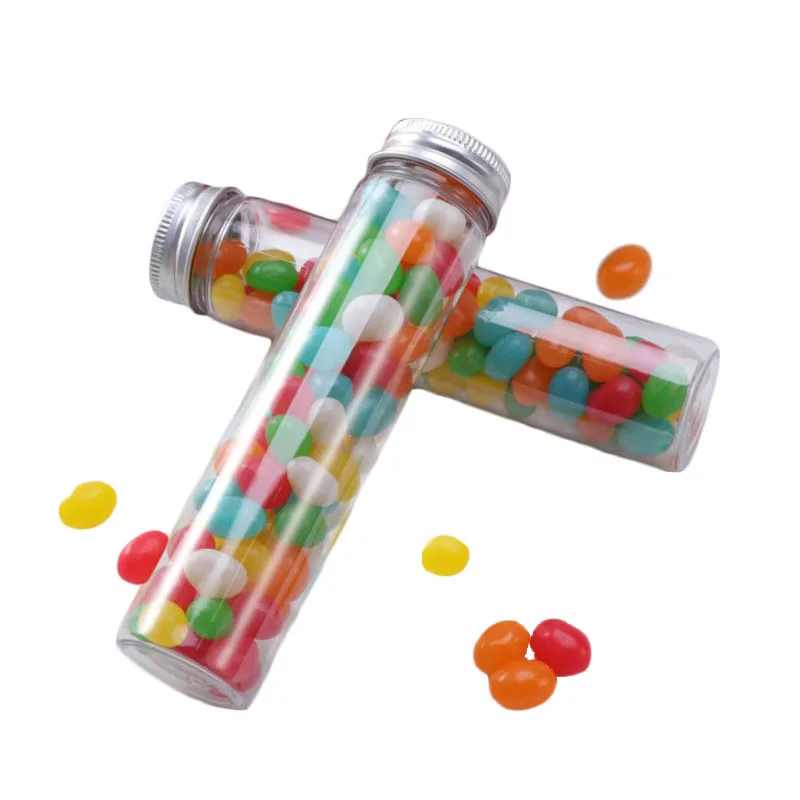 50ml 110ml 115ml 150ml Candy PET Plastic Test Tube with Aluminum Cap Flat Bottom Clear Packaging Tube for Chocolate and Sugar
