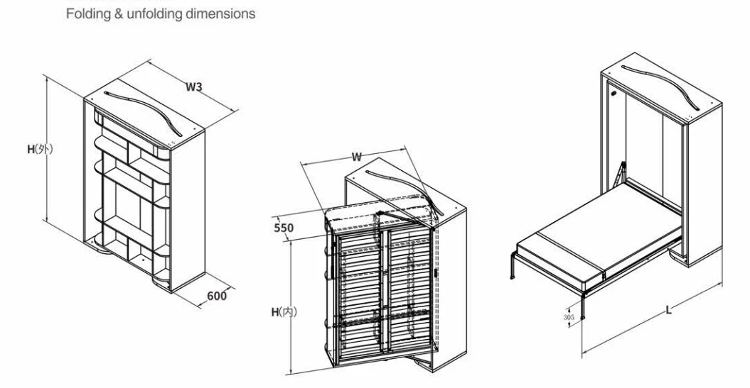 Vertical Rotating Bed With Bookcase For Single Apartment