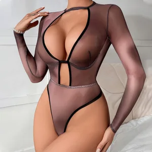 Long Sleeves Bodysuit Sexy Suspenders Erotic Women's Clothing Transparent Hot Selling Mesh Thin Lingerie