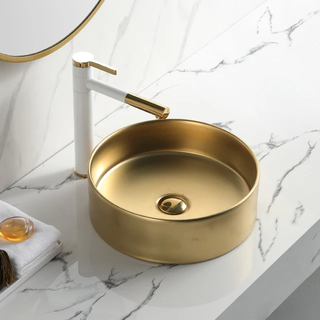 Artistic Golden Color Luxury Bathroom Wash Basin Hotel Lavatory Ceramic Round Small Countertop Sink