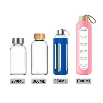Custom Logo With Metal Bamboo Lid Silicone Sleeve 500ml Clear Container Drinking Frosted 1000ml Borosilicate Glass Water Bottle