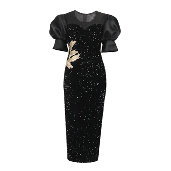 Long Black Classy Embroidered Sequined Puff Sleeve Women Evening Dress