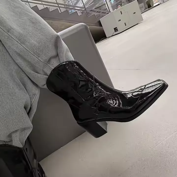 Genuine Leather Cowboy Short Boots Metallic Silver 7cm Block Heel Women Western Boot - Image 5