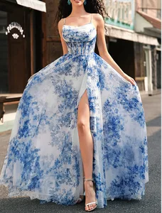 S2094L High-End Luxury Blue Evening Dress for Adults Party-Style A-Line Floor-Length Banquet Gown with Appliques Decoration