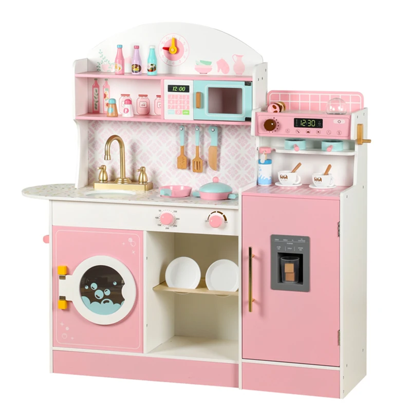 Pink Wooden Kitchen Refrigerator Toy Set for Kids Early