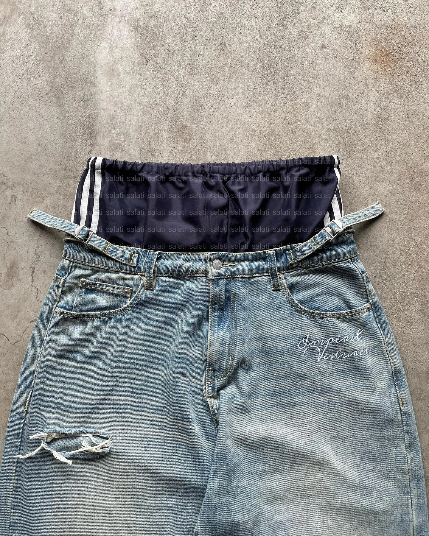 Custom Designer High Waist Wide Blue Skater Oversized Double Waist Ripped Distressed Vintage Acid Washed Baggy Denim Jeans Men gallery 4