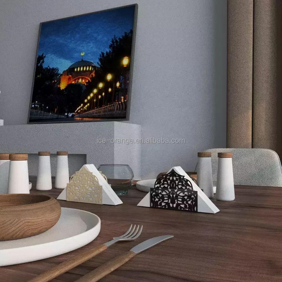 2023 Ramadan Kareem Flat Wooden Base Serviette Napkin Holder Gold Arm With Luxurious Packaging for Dining Table