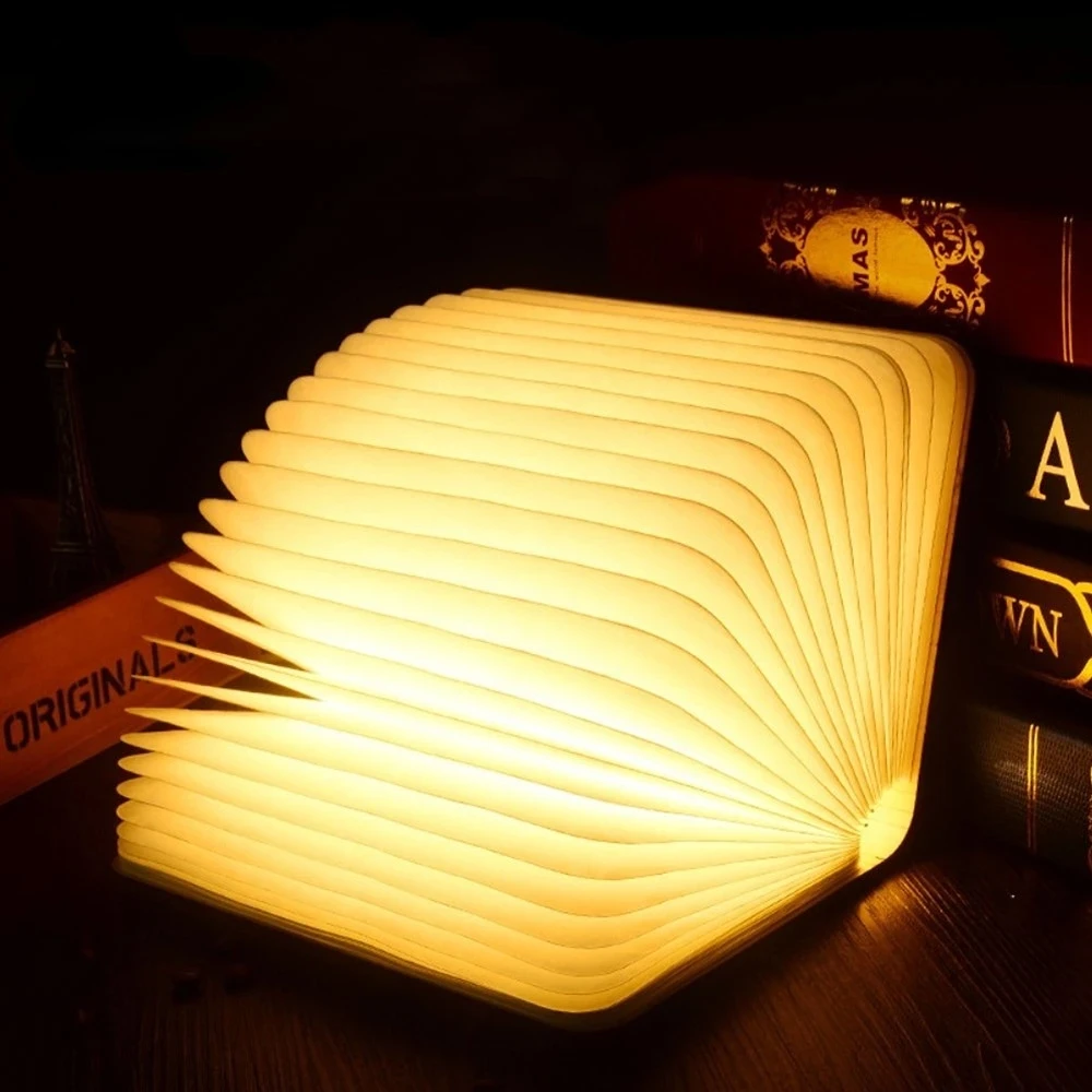 2024 Trending Products Tyvek Paper Folding Led Book Lamp With Wooden Cover