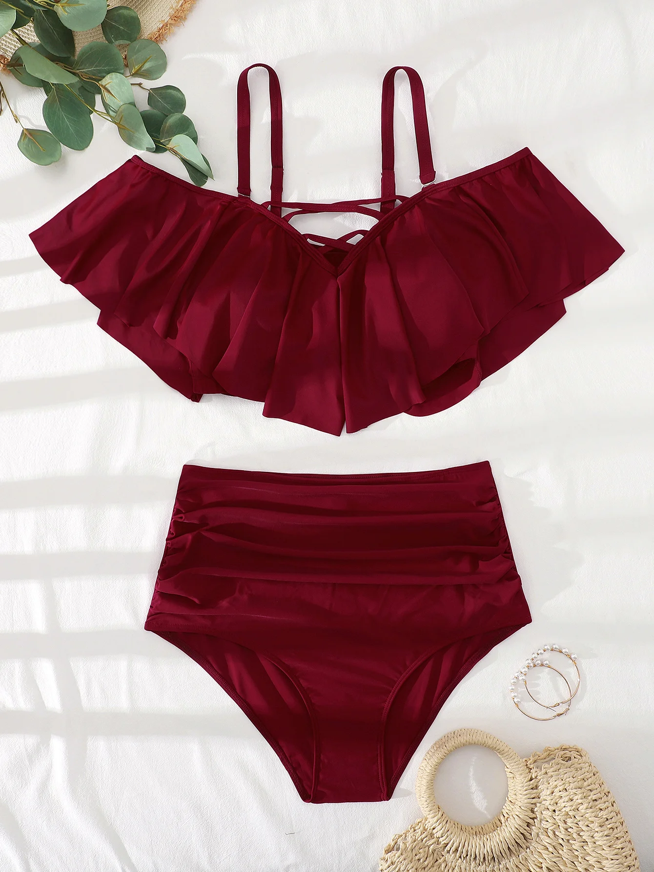 2022 New Design DAMO Plus Size High Waisted Bikini Sexy Women Red Ruffle Two Pieces Summer Girls Sauna Wear Hot Swimwear