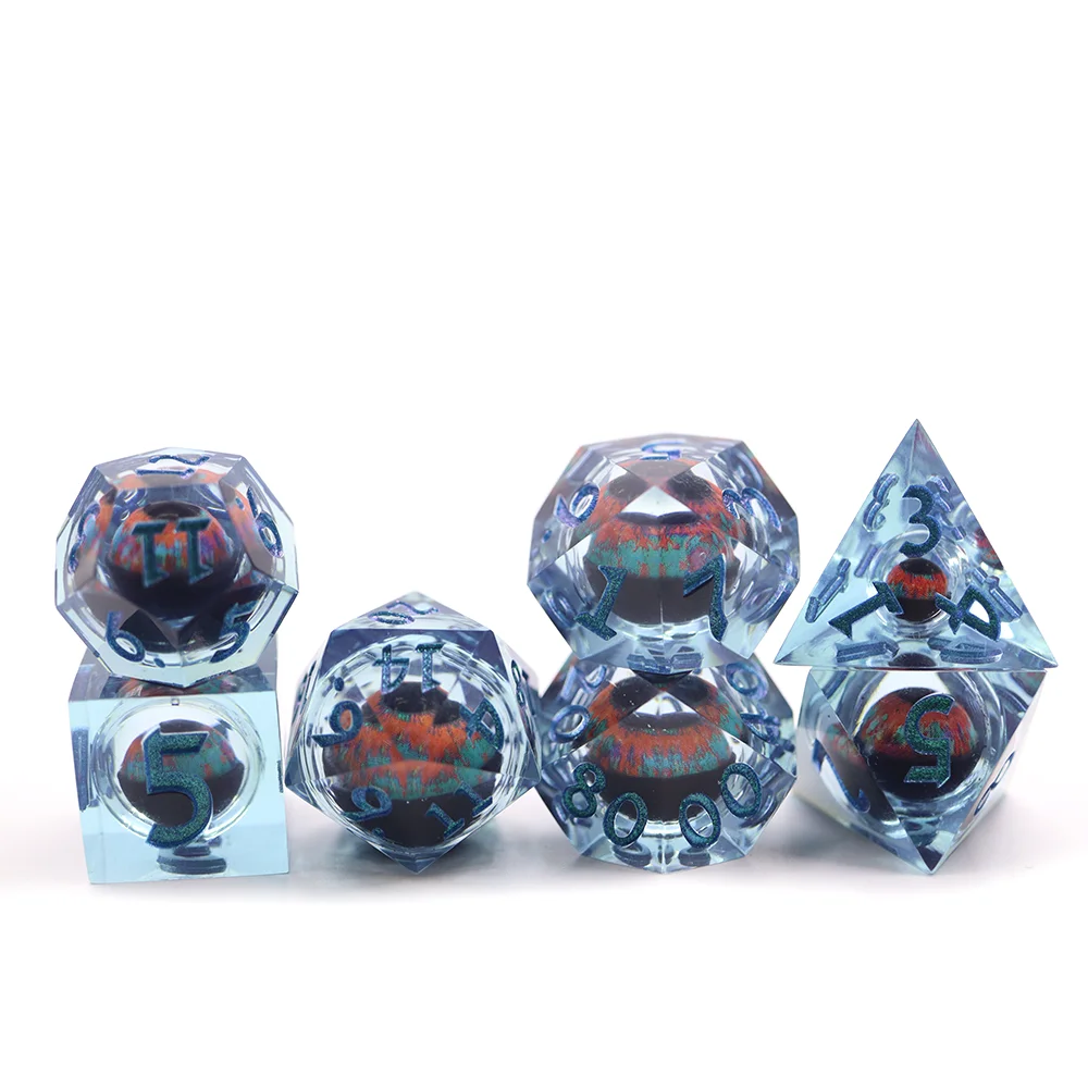 Custom 16mm Dnd Blue Dice Board Game Resin sharp Edge D4-d20 Polyhedral Dice Include Blood Eyes 7pcs Dice Set
