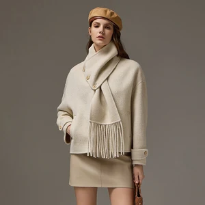 New Detachable Scarf Collar Silk Camel Fur Coat for Women Loose Double-sided Woolen Short Jacket