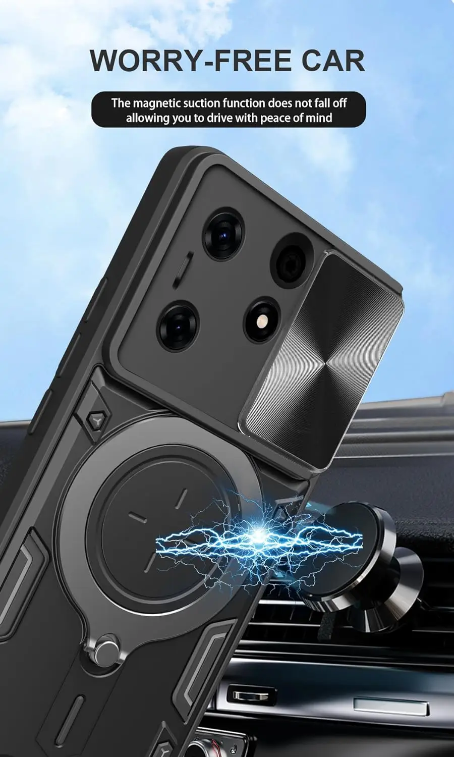 Ring Holder PC Phone Case for Tecno Spark Go 2024 Armor Design Shockproof Car Mount Magnetic Slide Camera Back Cover