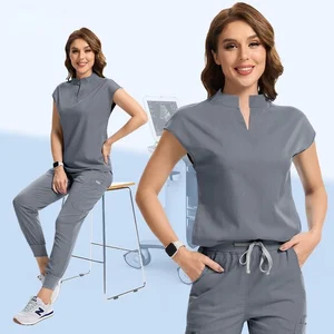 Women's Woven Nursing Scrub Jogger Hospital Set Reusable Zip Stretchy Nurse Uniform Medical Scrubs