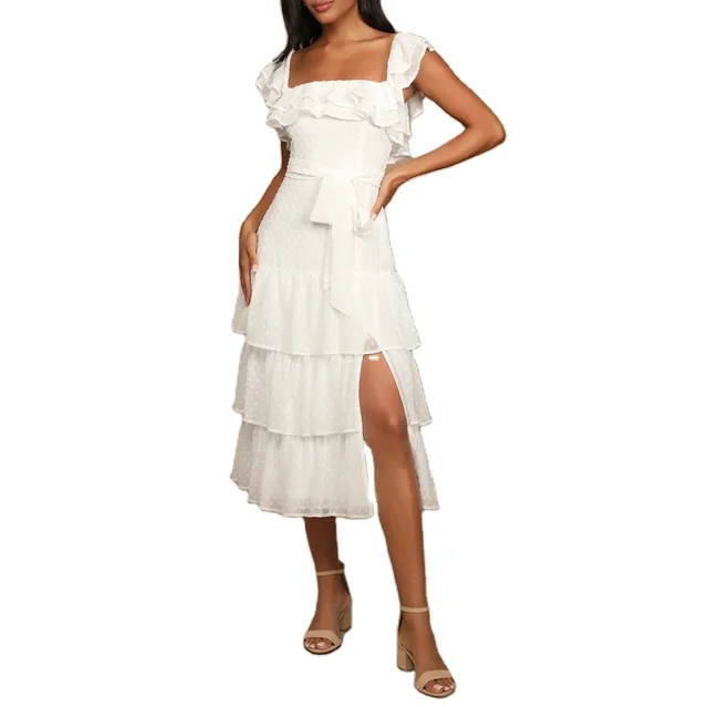 Wholesale New Custom Summer Women White Swiss Dot Tiered Ruffled Midi Dress Elegant Bow Vacation Dress For Ladies