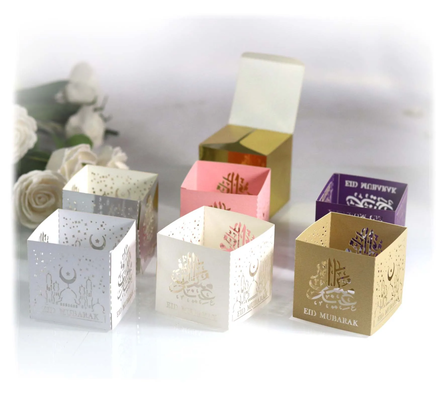 50pcs Eid Mubarak Candy Box Lace Wedding Party Favor Chocolate Gift Boxes Bag 