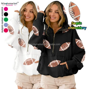 Custom Woman Sequin Hoodie Winter Pullover Long Sleeve Pocket Half Zip Sweatshirts Embroidered Sequin Football Hoodies for Women
