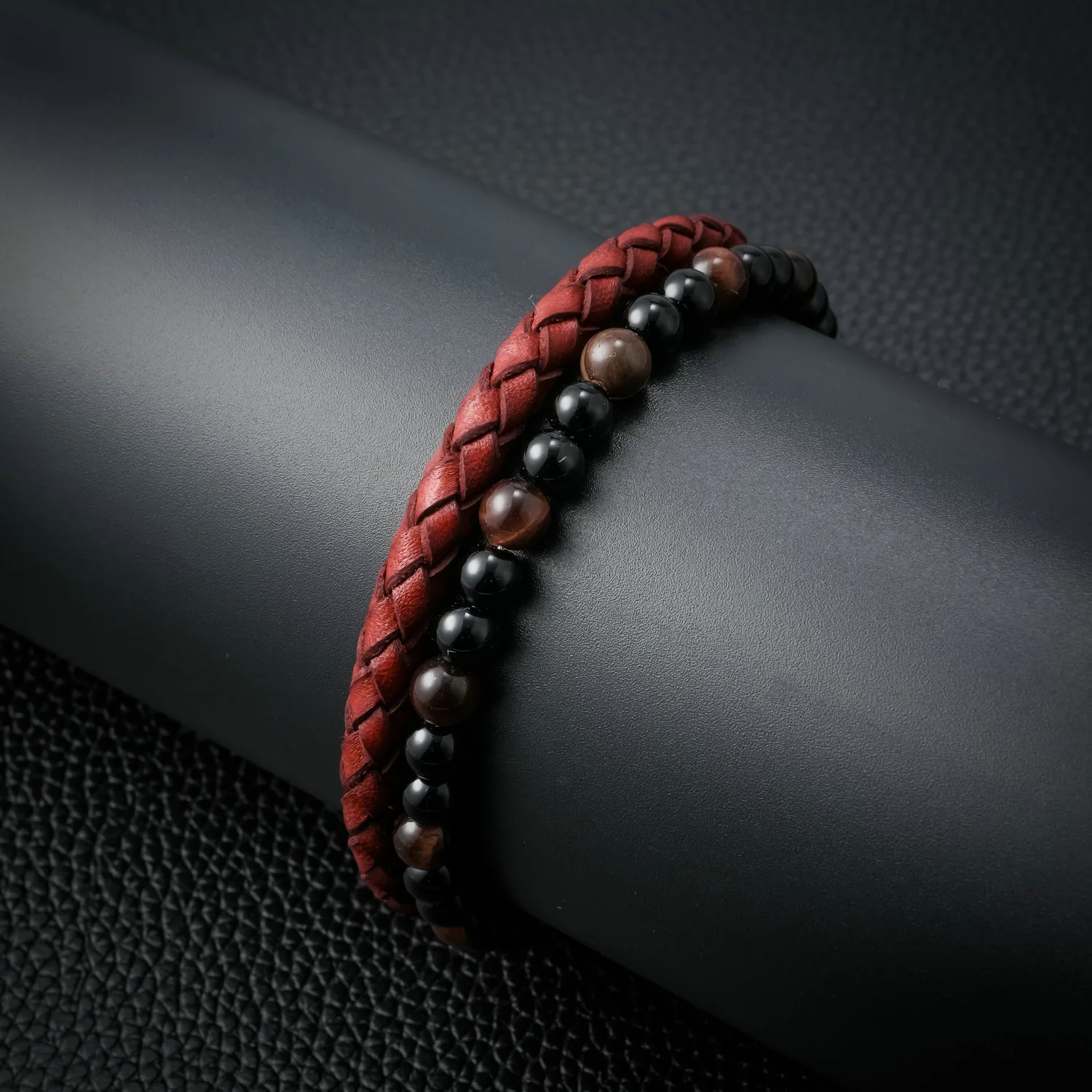 Men's Fashion Woven Leather Stainless Steel Bracelet with Natural Stone Beads and Pearl New Style Rope Design