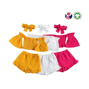 Summer Casual 3-Piece off Shoulder Blank Clothes Sets for Toddler Girls