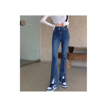 high quality slit Trendy High waisted women's jeans casual slimming denim bootcut jeans for women