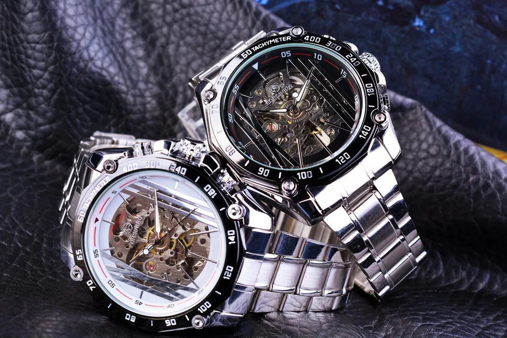 Forsining Mens Watches Gift Sport Design Transparent Skeleton Dial Silver Stainless Steel Top New Luxury Automatic Watches