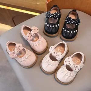 Princess Style Little Baby Girls Flat Shoes Soft New Kids Leather Sweet Bow Girls Pearl Princess Walking Shoes