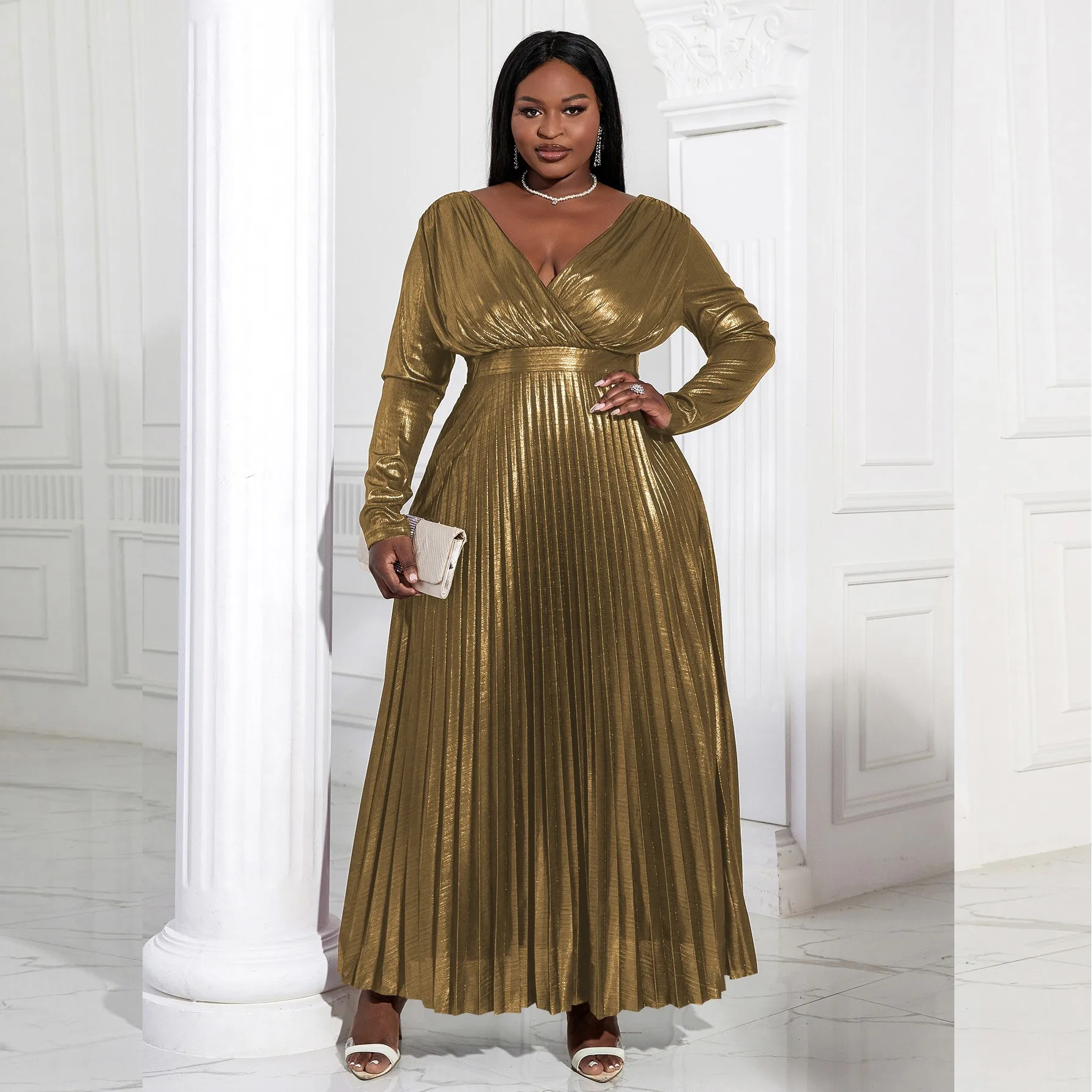 gold dress for plus size Final Sale Plus Size One Bell Sleeve BodyCon Dress in Black and Gold Print