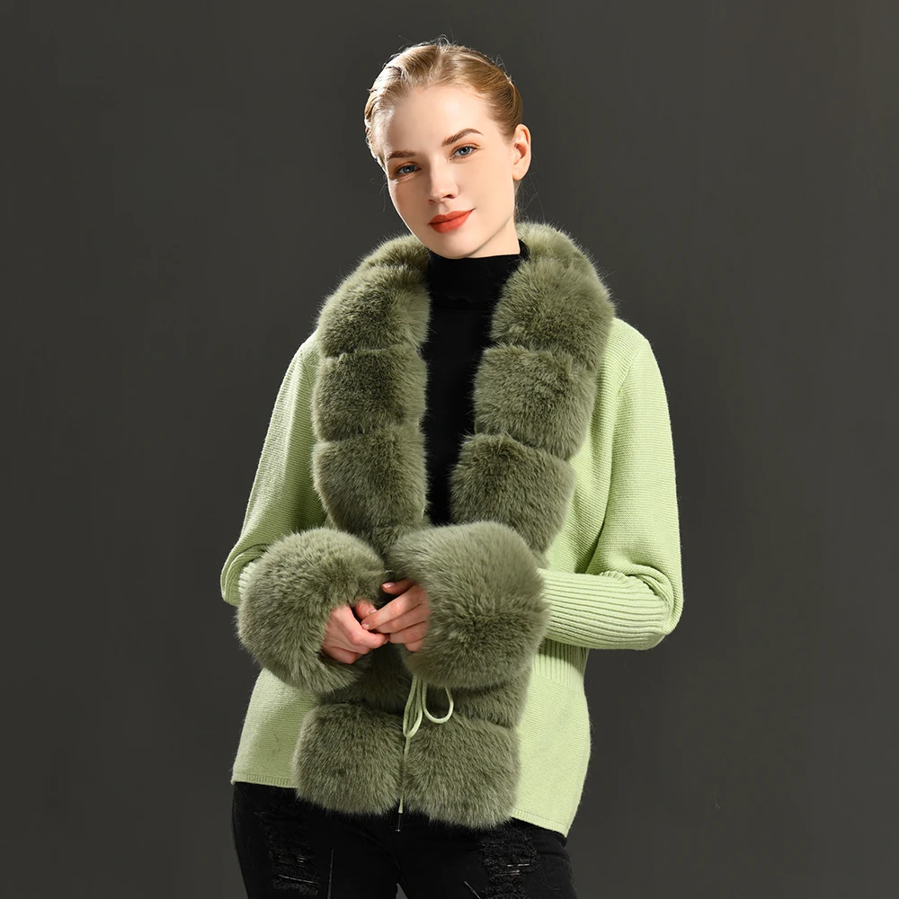 Wholesale Women's Fur Trim Sweater Fake Fox Fur Short Faux Fur Cardigan