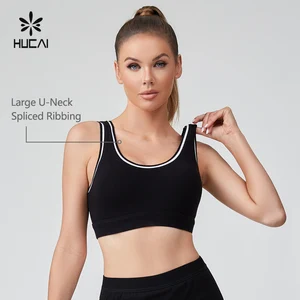HUCAI Custom Cotton Spandex Black Contrasting Stripes Heavy Weight U Back High Impact Yoga Gym Sports Bra for Women