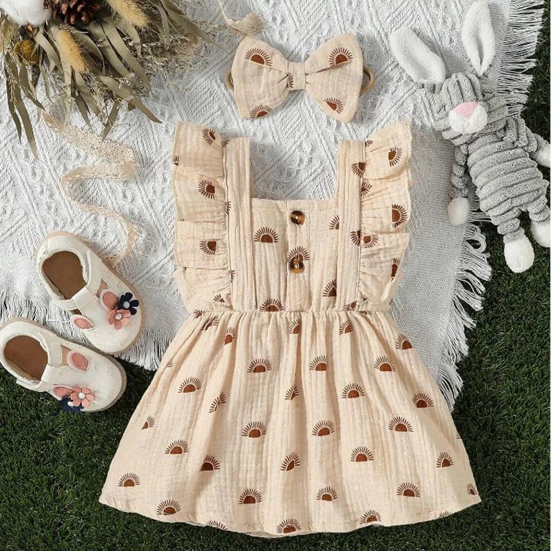 Summer Natural Muslin Print Color Baby Little Girl Dress Kids Headbands Suspender Dress