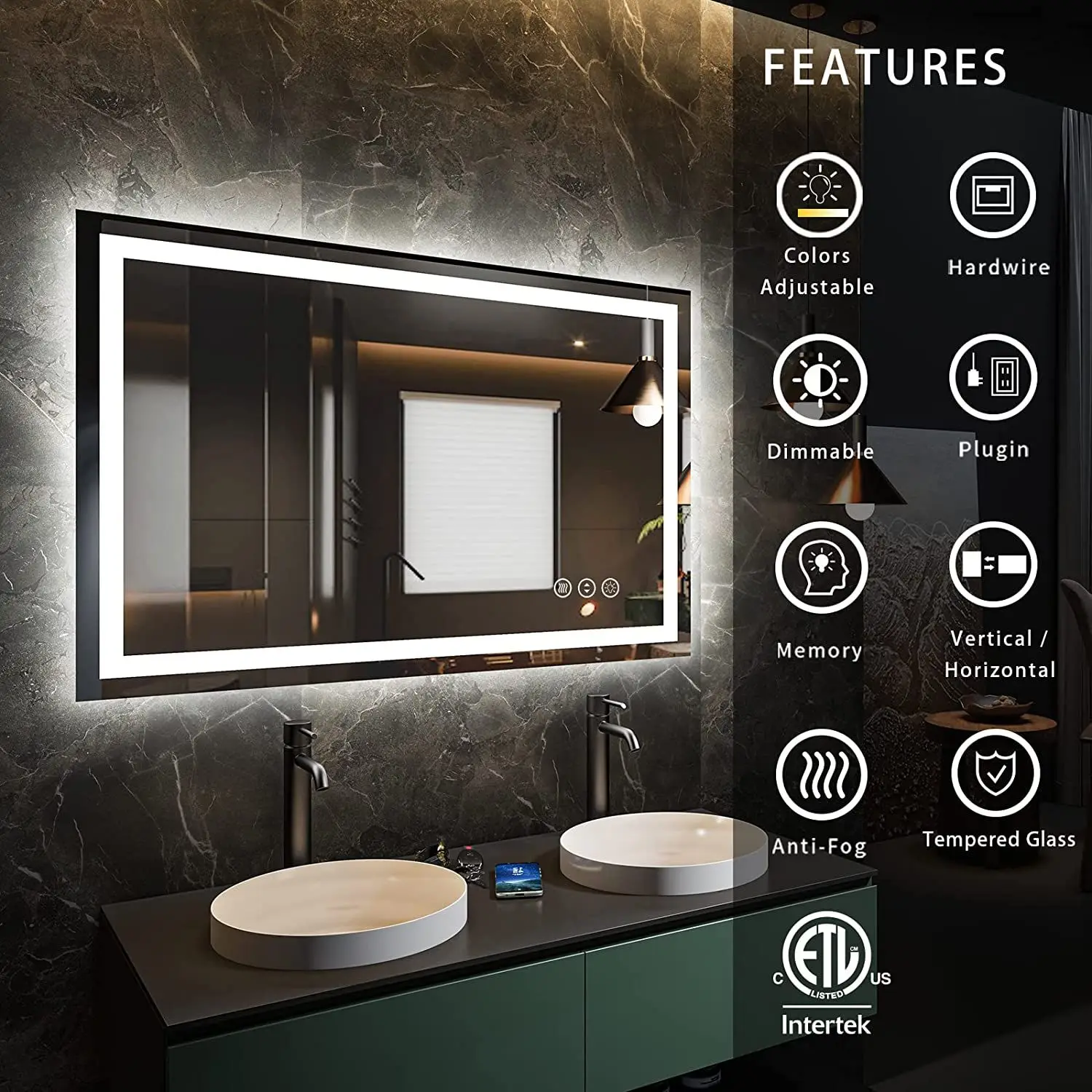 Modern Rectangle Wall Mirror Bath Lights Waterproof Backlight Anti-fog ...