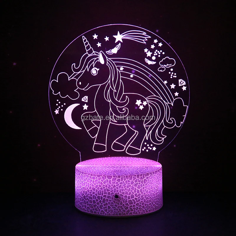 Crack Glow 7 Color Unicorn Remote Control 3d Lamp Illusion Acrylic Night Light for Kids Gifts