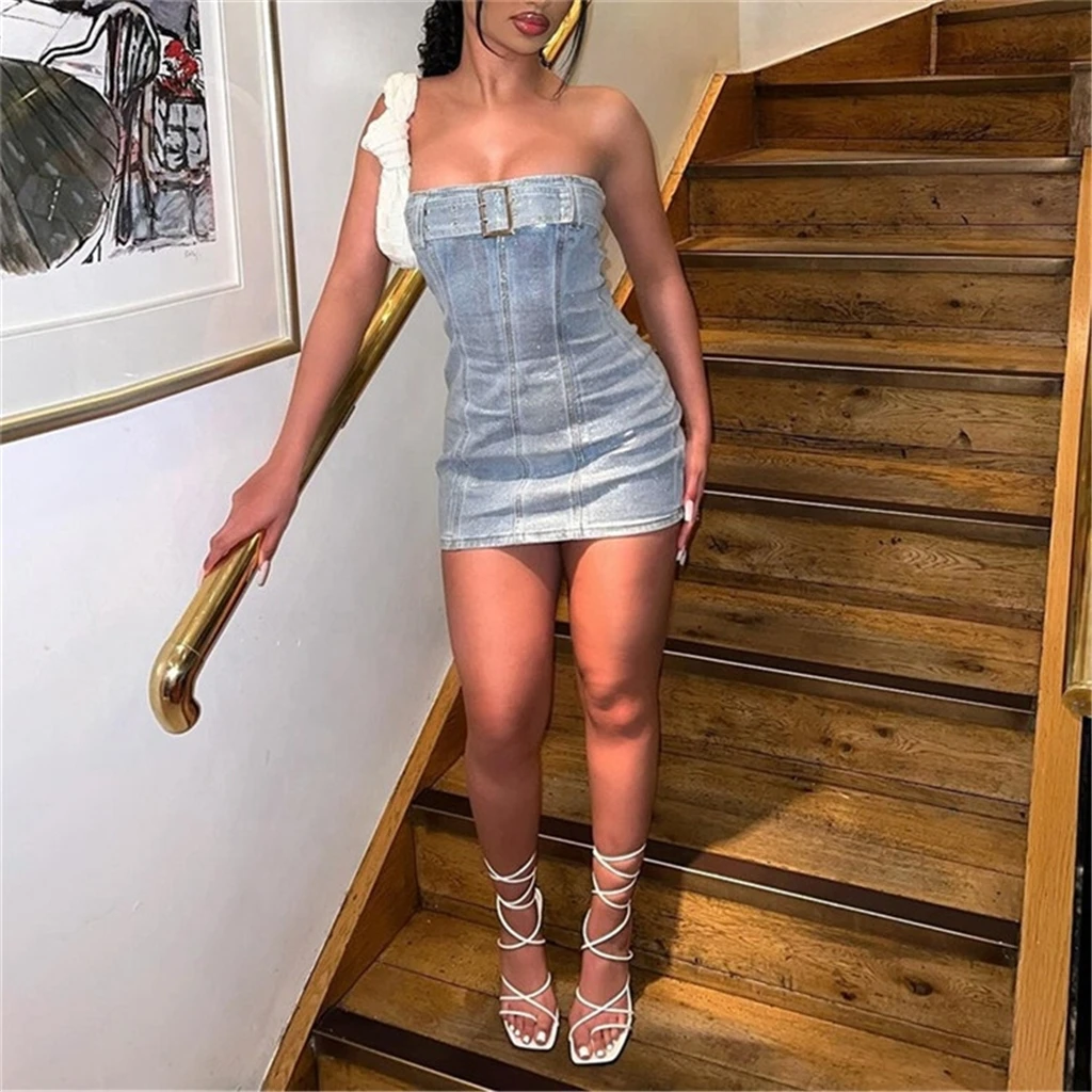 white christmas dresses Jessica Bara Raissa Off the Shoulder Denim Mini Dress – JESSICA BARA main image 1