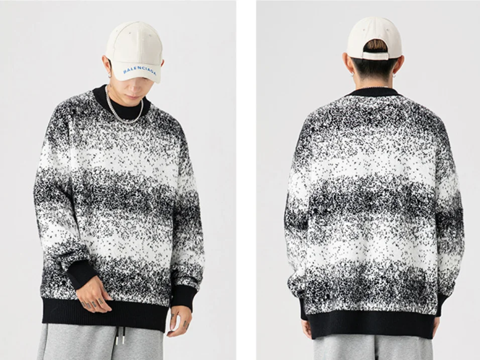 Streetwear Male Knit Sweater Men Striped Jacquard Print Autumn Winter Oversized Sweaters
