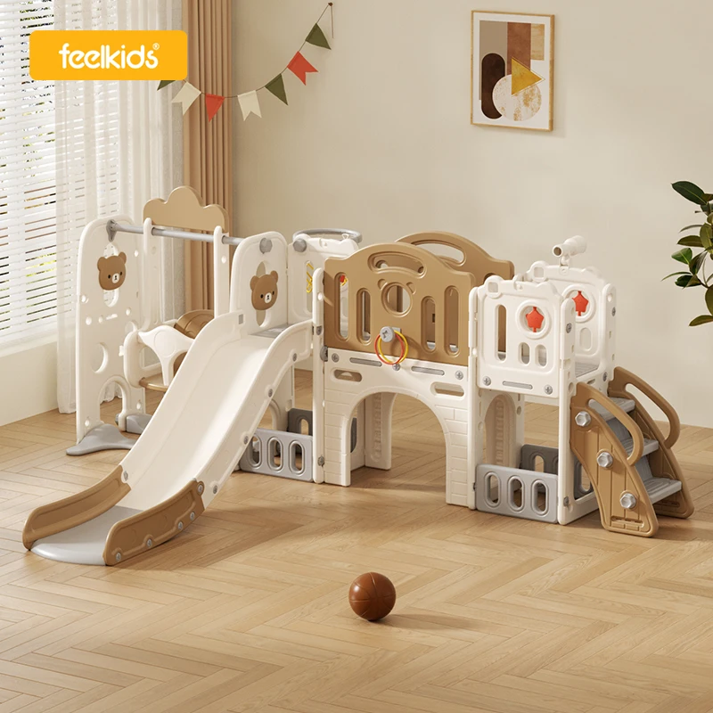 Feelkids Cartoon Bear Safety Slide Indoor Playhouse Large Children's Playground Plastic Toy Baby Swing and Slide for Kids