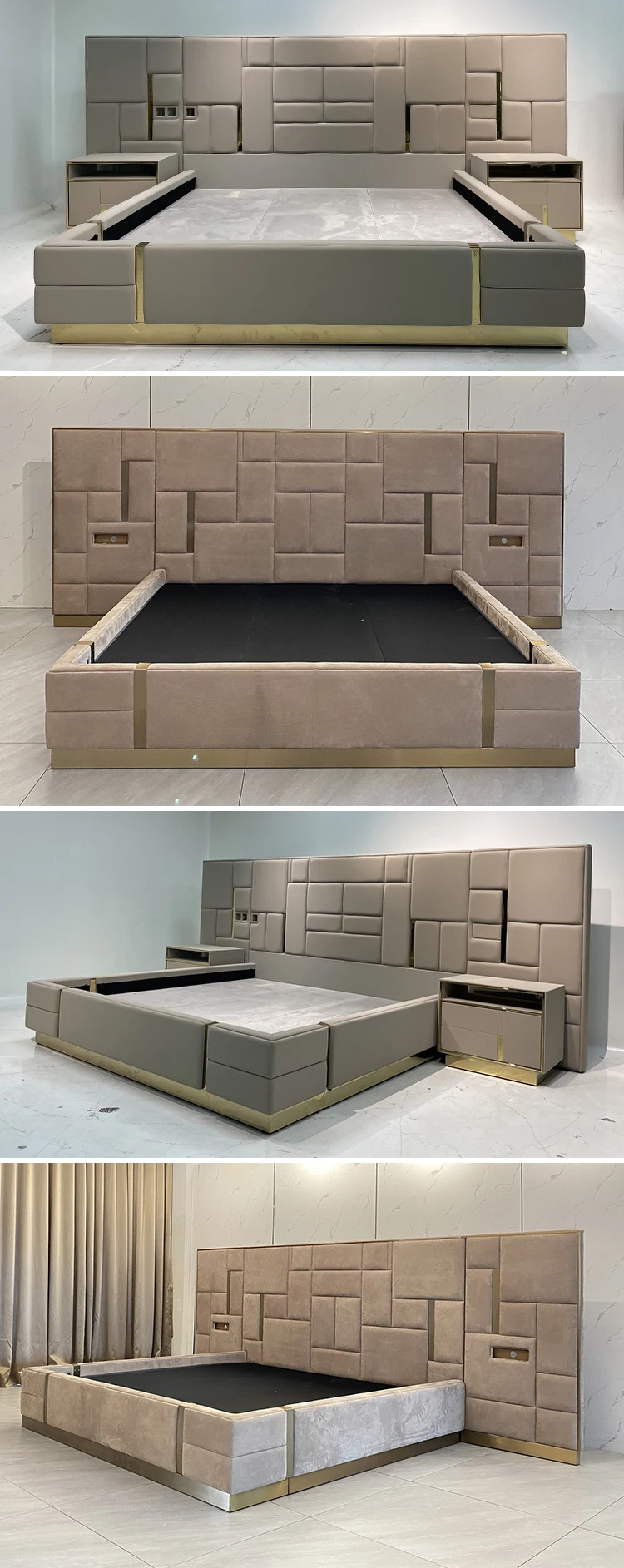 Gray High Headboard Back King Size Bed Wooden Frame Furniture Luxury Grey Fabric Platform Bed