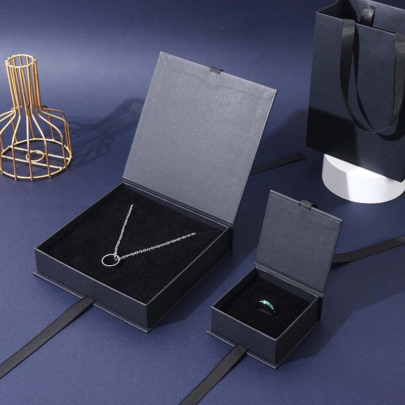 A1 Black Cardboard Flip Jewelry Box with Custom Logo Necklace Ring Bracelet Boxes Custom Size & Shape Emboss/Deboss Logo