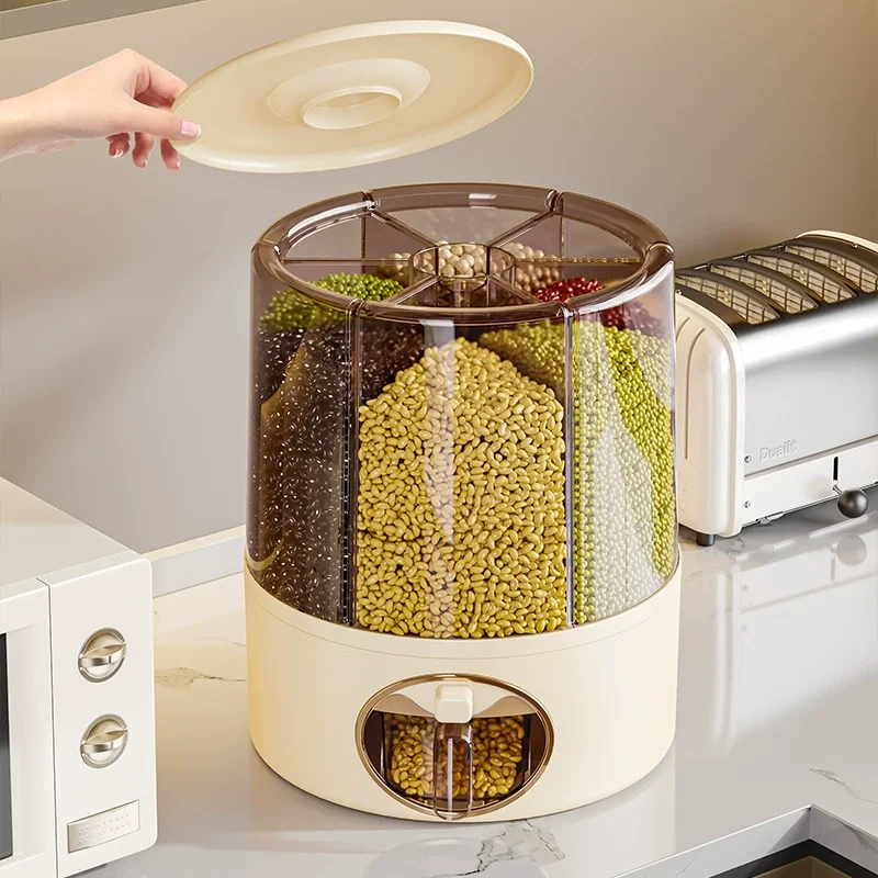 Factory Custom 6 Compartment Transparent Rice Dispenser Small Multigrain PP Storage Box Rotating Kitchen Case for Bag Use