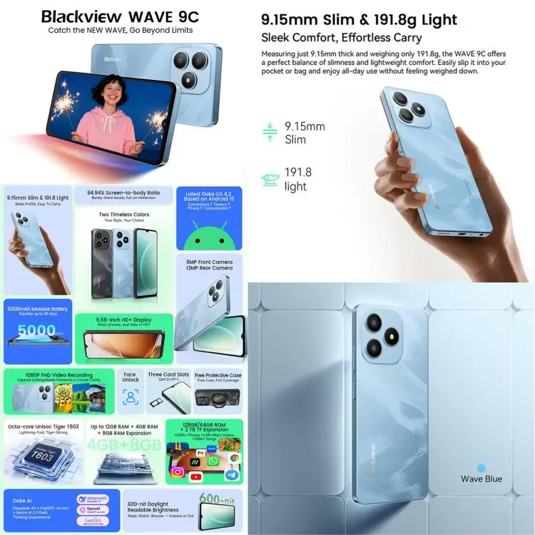 Novo Celular Blackview WAVE 9C 4GB+128GB 6.56 polegadas Android 15