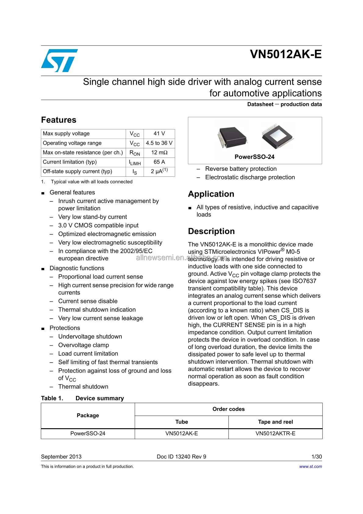 Hot sale Original VN5012AKTR-E PMIC IC Power Switch/Driver 1N-Channel 45A PowerSSO-24 General Purpose 12mOhm (Max) Surface Mount