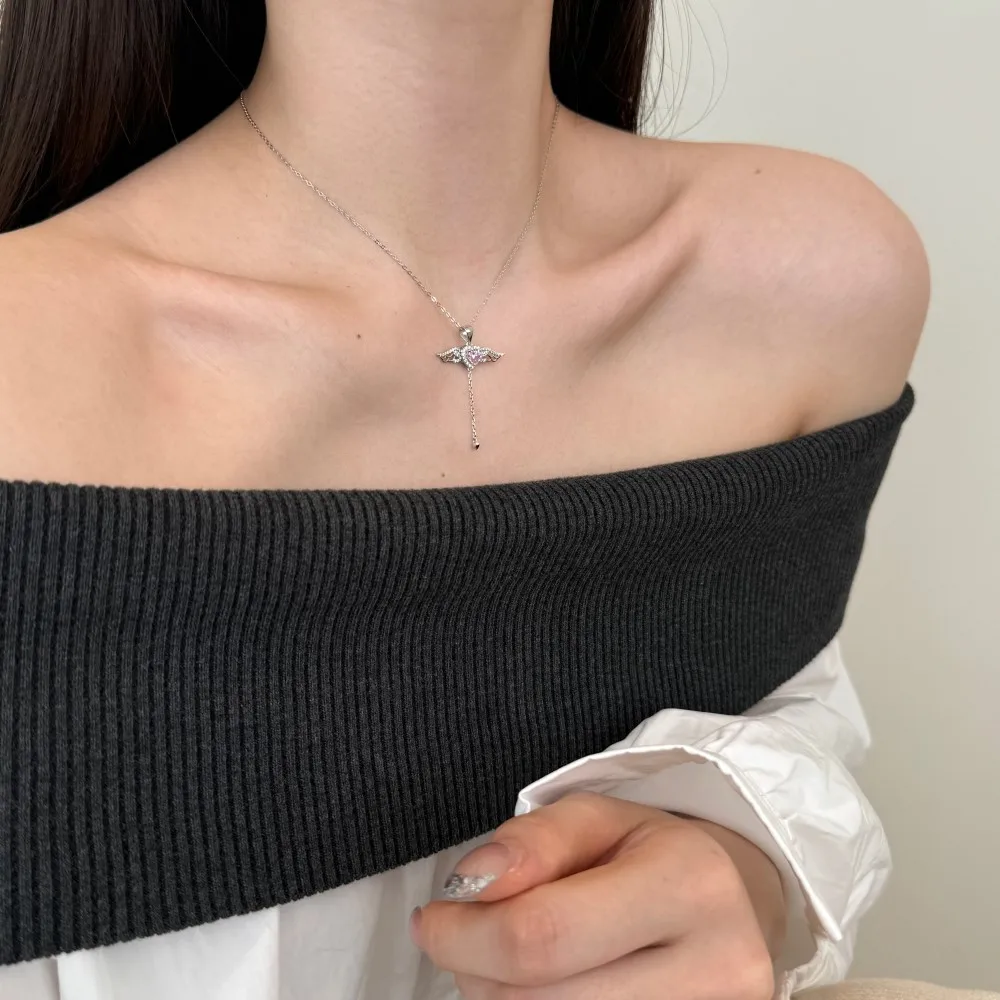 KAKODIY Elegant and Exquisite Fashion Jewelry 925 Sterling Silver Chain 5A Cubic Zirconia Tassel Heart Wings Angel Love Pendant Necklace detail 3