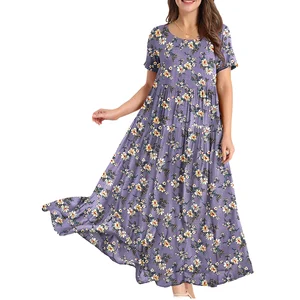 Women's Elegant Floral Print Bohemian Maxi Dress Summer Casual Empire Waist Long Beach Swing Sundresses Pockets Plus Size Belt