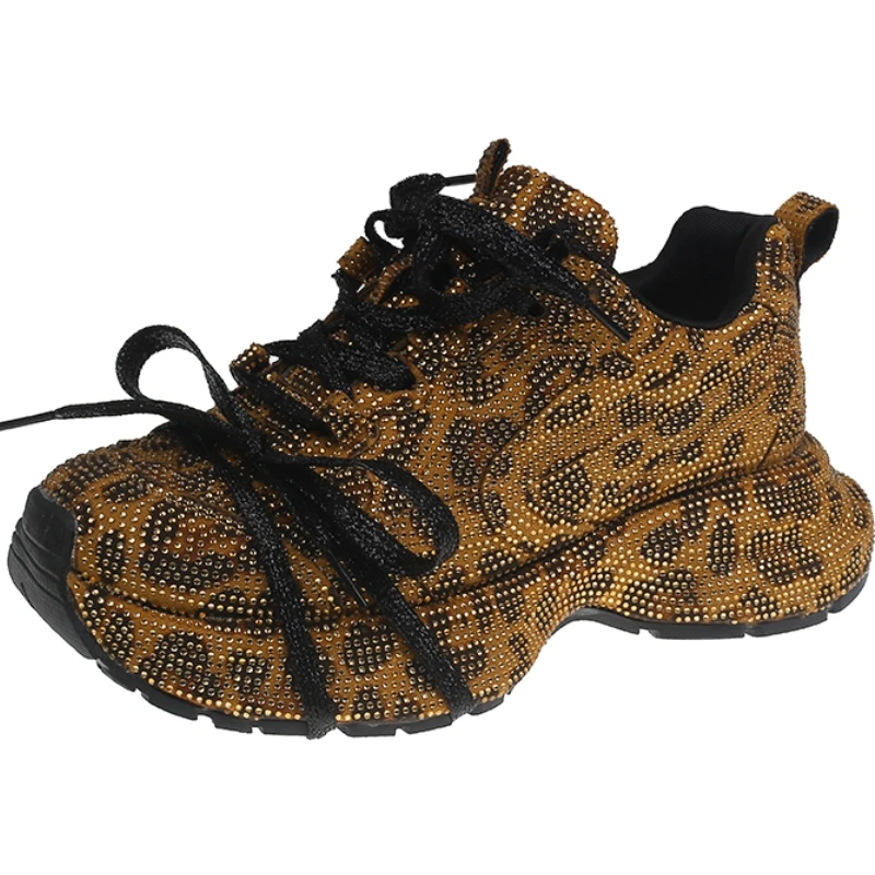 Dropshipping Custom Logo Rhinestones Leopard Print Designer Shoes Women Chunky Platform New Styles Walking Style Sneakers