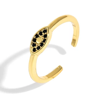 Black diamond stacking evil eye ring minimalist 18k gold plated adjustable turkish open wholesale