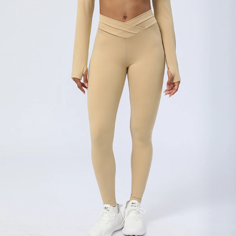 YIYI No Camel Toe Tummy Control Sports Fitness Tights High Elastic Butter Fabric Pants Cross Waist Workout Yoga Women Leggings