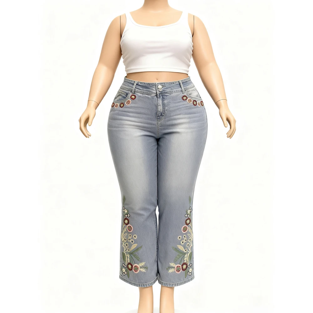 Boho Floral Embroidered Women's Flare Jeans Trendy High Waist Bell Bottom Denim Pants