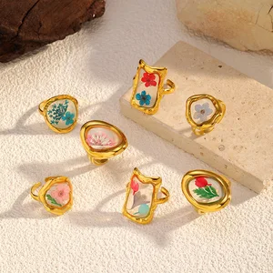 MW Trendy Stainless Steel Gold-Plated Waterproof Floral Ring High-Quality Women Niche Colorful Preserved Dried Fresh Flower Ring