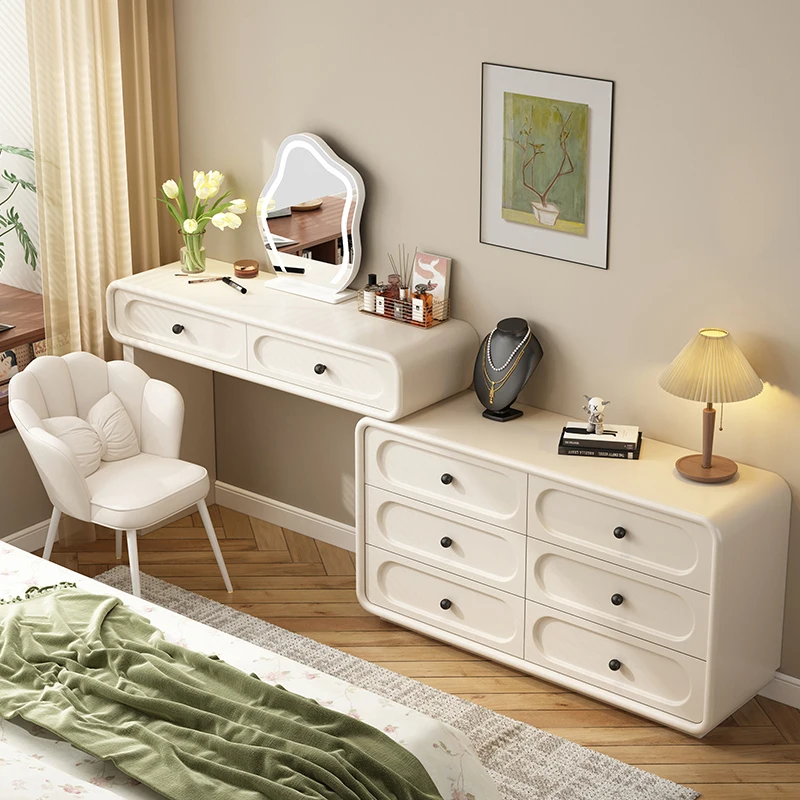 modern cream dressing table Poplar Solid Wood Telescopic Vanity Table. 31.5x15.8x30.3 inch /80x40x77m / Warm White color/ Dressing table + Cabinet