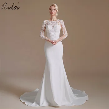 Ruolai QD06163 Elegant Sweetheart Mermaid Wedding Dress Long Sleeve Satin Bridal Dress Gown